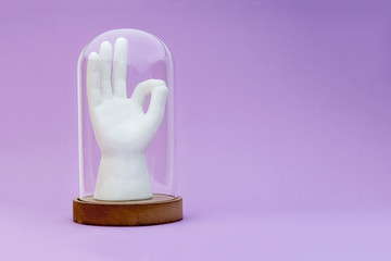 Ceramic Ok Hand Sign Inside Decorative Glass Dome over Pastel Color Background