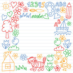 Kindergarten pattern, drawn kids garden elements pattern, doodle drawing, vector illustration, colorful. line.