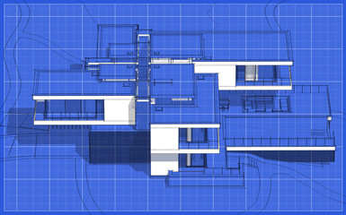 3d rendering sketch of modern cozy house with garage for sale or rent. Graphics black line sketch with white spot on blueprint background.