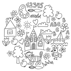 Kindergarten pattern, drawn kids garden elements pattern, doodle drawing, vector illustration, monochrome, black, white.