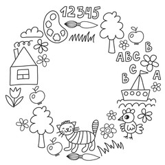 Kindergarten pattern, drawn kids garden elements pattern, doodle drawing, vector illustration, monochrome, black, white.