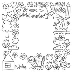 Fototapeta na wymiar Kindergarten pattern, drawn kids garden elements pattern, doodle drawing, vector illustration, monochrome, black, white.