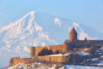 Ancient Armenian church Khor Virap with Ararat in winter