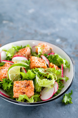 Healthy lunch salad with baked salmon fish, fresh radish, lettuce and lime