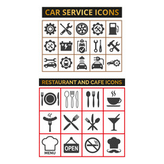 Set of car service icons and cafe icons on white background.