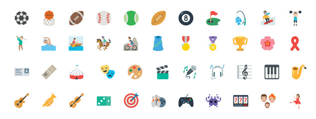 Sports, music instruments, games vector illustration symbols set. All type of balls, activities icons, emoticons set, collection. - obrazy, fototapety, plakaty