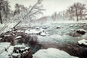 Leuchtender Winterzauber: Stille Eislandschaften und verschneite Baumkronen am Fluß