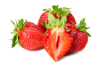 Strawberry with green leaf and slices isolated on white background. Healthy food.