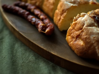 Ciabatta.Ciabatta Bread with sausage. homemade italian ciabatta bread top view. Bread with cheese.