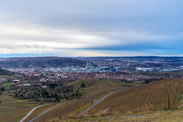 Germany, City of stuttgart behind vineyards from above