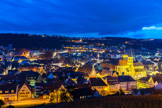 Germany, Old town of city esslingen am neckar from vineyard in blue hour mood