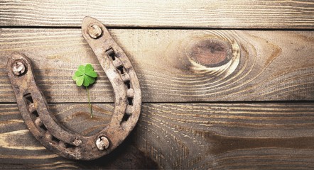 Metal horseshoe and clover leaf on wooden