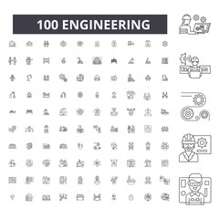 Engineering editable line icons, 100 vector set on white background. Engineering black outline illustrations, signs, symbols