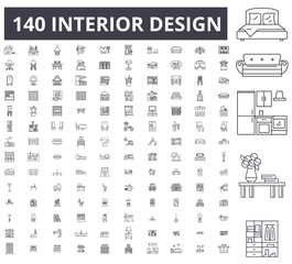 Interior design editable line icons, 100 vector set on white background. Interior design black outline illustrations, signs, symbols
