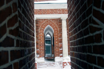 Architecture of Tsaritsyno park in Moscow.  Color winter photo.