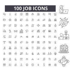 Job editable line icons, 100 vector set on white background. Job black outline illustrations, signs, symbols