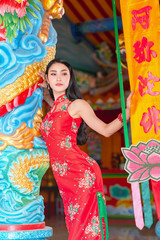 beauty woman and hold shopping bags in chinese new year