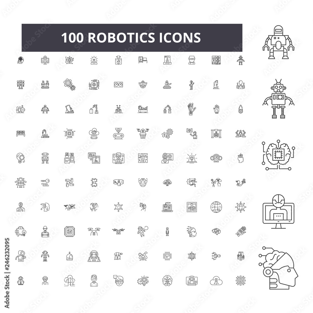 Poster robotics editable line icons, 100 vector set on white background. robotics black outline illustratio