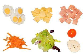 Ingredients for salad isolated on white background.