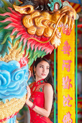 beauty woman and hold shopping bags in chinese new year