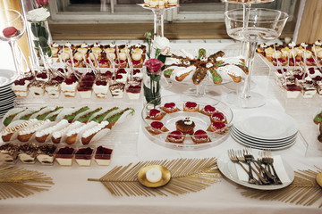 Delicious candy bar with bakery, fruits and candies