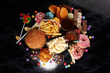 Unhealthy products. food bad for figure, skin, heart and teeth.