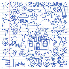 Kindergarten pattern, drawn kids garden elements pattern, doodle drawing, vector illustration, monochrome, line, blue.