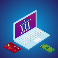 Concept of online banking with laptop, credit card and cash. Vector.