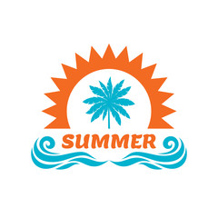 Summer vacation - vector illustration. Palm, sun, sea waves. Badge logo design. 