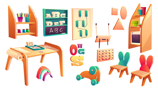 Vector montessori set, elements for elementary school isolated on white background. Kindergarten for infants, daycare for kids. Primary education in game, activity. Preschool classroom with chalkboard