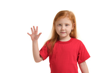 A little girl shows gesture - five fingers, isolated on white background