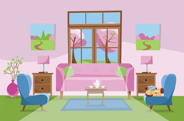 Living room in pink green blue colors. Pink sofa with table, nightstand, paintings, lamps,carpet, porcelain set,soft chairs in room with large window. Outside spring blossom trees. Flat cartoon vector
