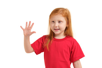 A little girl shows gesture - five fingers, isolated on white background