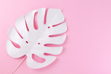 Creative decorative composition - white monstera on a pink background. Conceptual photography.