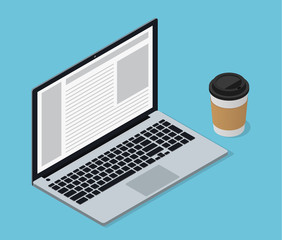Fototapeta na wymiar Laptop and coffee cup. isometric flat design