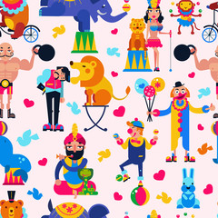 Circus people vector acrobat or clown and trained animals characters in circus-tent illustration set of magician and circusman with lion or elephant isolated background