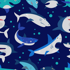 Shark vector cartoon seafish with sharp teeth in jaw illustration set of attacking fishery character in ocean isolated on background pattern