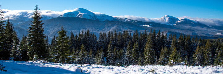 Beautiful winter panoramic view snow capped mountains