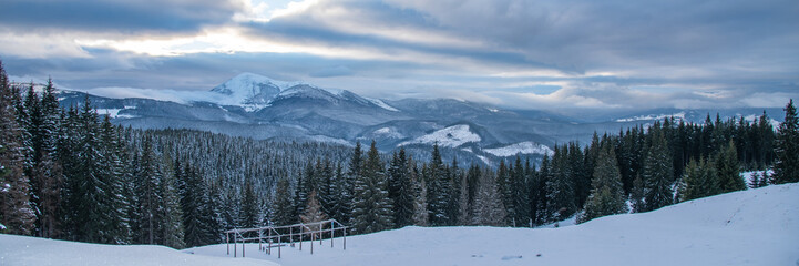 Beautiful winter panoramic view snow capped mountains