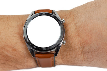 Smart watch on hand, close-up on a white background. With isolate on the dial plate and isolated background