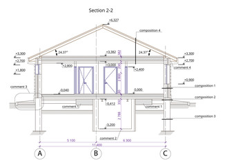Architectural section of a one-storey residential building