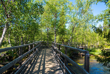 Wooden bridge and summer view, &Auml;k&auml;smylly, Muonio, Lapland, Finland