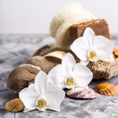 Fototapeta na wymiar White orchid flowers next to sea stones and shells on a gray background - spa treatments and relaxation concept