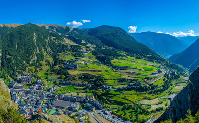 Aerial view of Canillo town viewed from Roc del Quer viewpoint at Andorra - obrazy, fototapety, plakaty