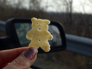 Eating Tebby Bear Potato Chips while traveling in a Car