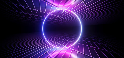 Futuristic Sci Fi Dark Club Dance Circle Shaped Neon Lights Glowing Blue Purple Pink Gradient In Empty Reflective Mesh Grid Metal Elegant Modern Room 3D Rendering