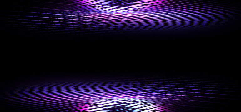 Sci Fi Futuristic Modern Elegant Dark Empty Neon Glowing Purple Blue Pink Gradient Alien Metal Reflective Mesh Room Club Dance Stage Lights 3D Rendering