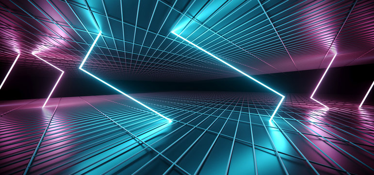 Futuristic Sci Fi Dark Club Dance Rectangle Shaped Neon Lights Glowing Blue Purple Pink Gradient In Empty Reflective Mesh Grid Metal Elegant Modern Room 3D Rendering