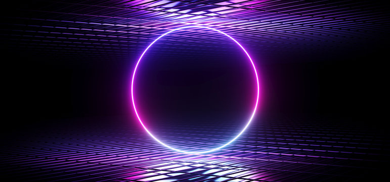 Futuristic Sci Fi Dark Club Dance Circle Shaped Neon Lights Glowing Blue Purple Pink Gradient In Empty Reflective Mesh Grid Metal Elegant Modern Room 3D Rendering