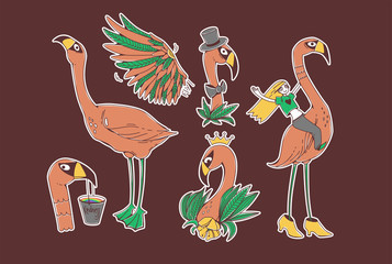 Set with a flamingo. Collection with illustration of cartoon exotic bird and girl sitting on the flamingo. Graphic modern illustration. Can be used as stickers, prints, etc.